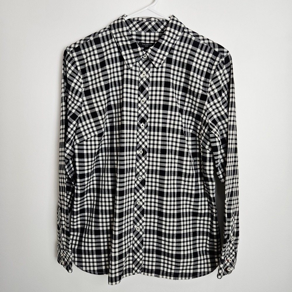 Talbots Button Down Shirt Sz M PETITE Classic‎ Plaid Metallic Detail Long Sleeve
